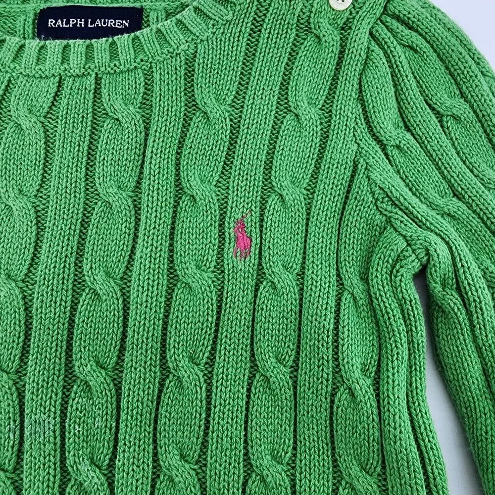 Ralph Lauren Kids‎ Long Sleeve Cable Knit Pullover Sweater Green/Pink Pony 3/3T